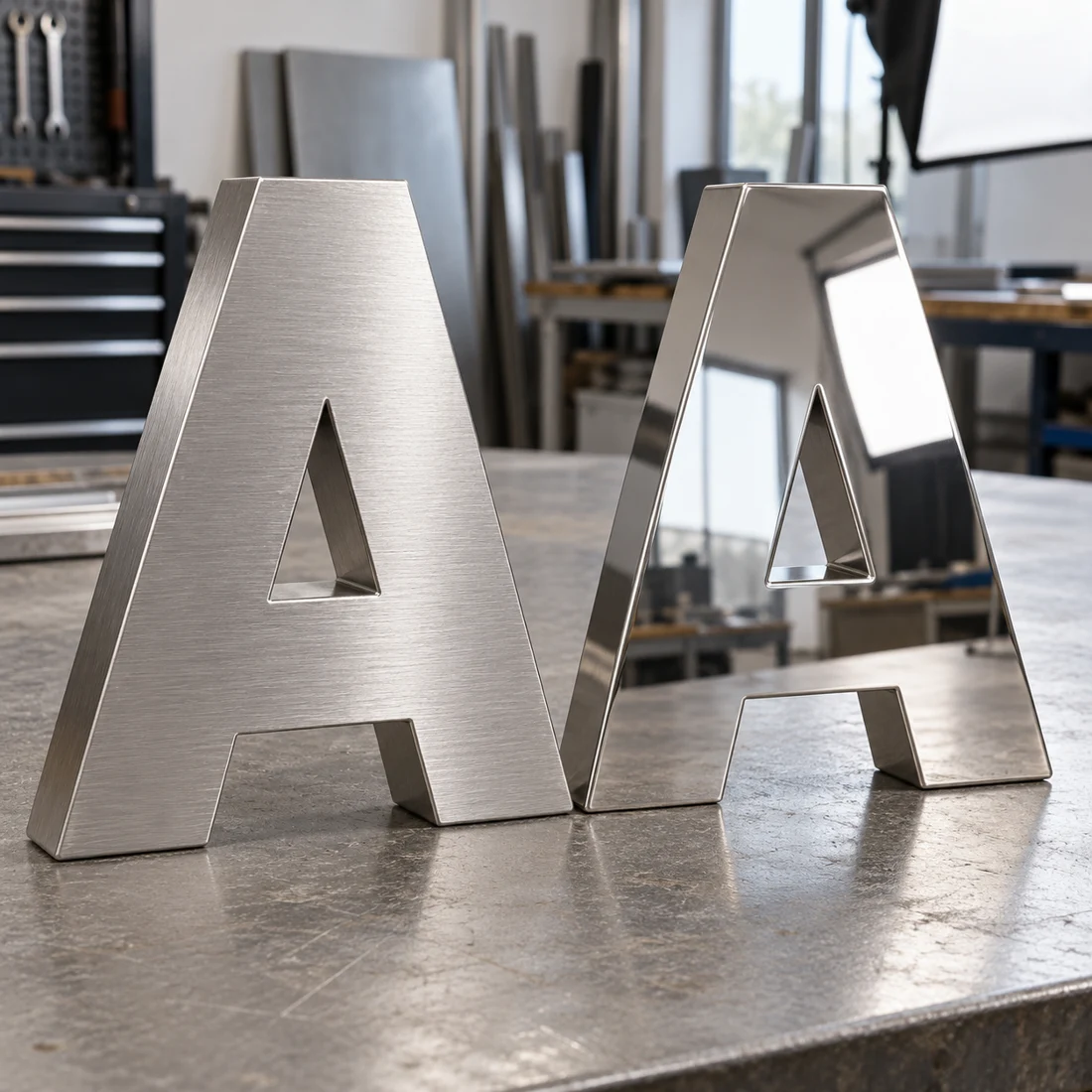 Comparaison pédagogique de lettres en inox brossé et poli miroir