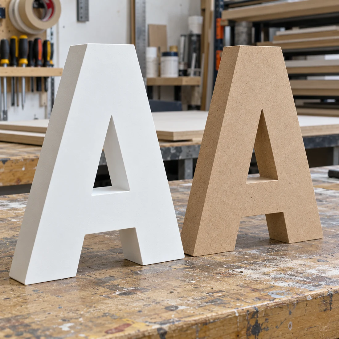 Comparaison illustrative entre une lettre MDF préparée et une pièce brute.