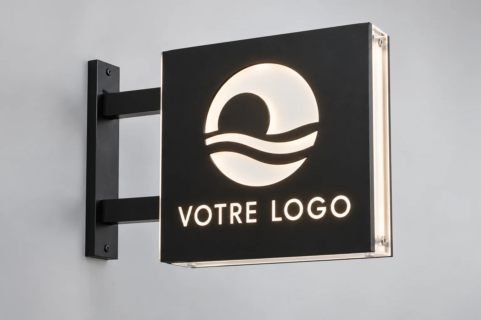 Enseigne lumineuse drapeau avec faces ajourées et profils en plexiglas