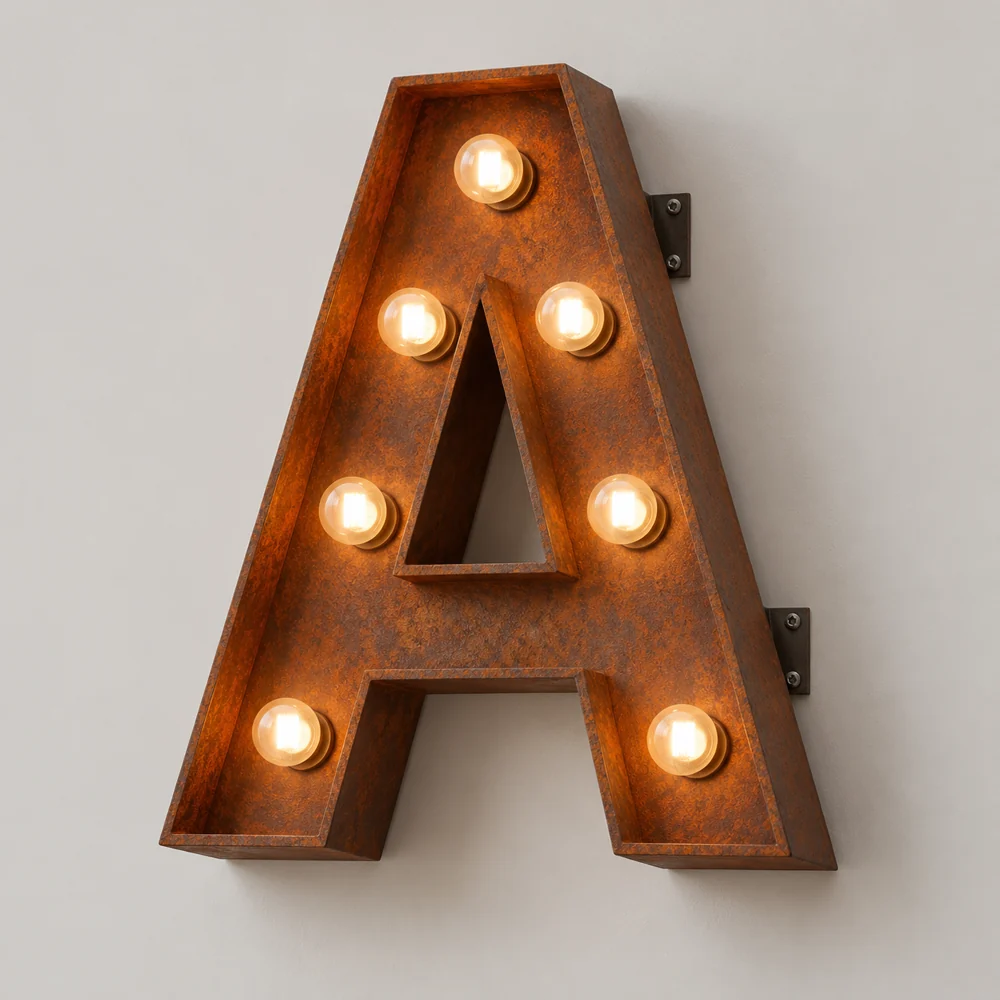 Lettres à ampoules en acier Corten — illustration du modèle