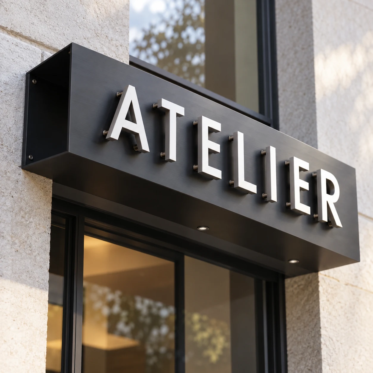 Tôle tablette avec lettres PVC sur entretoises