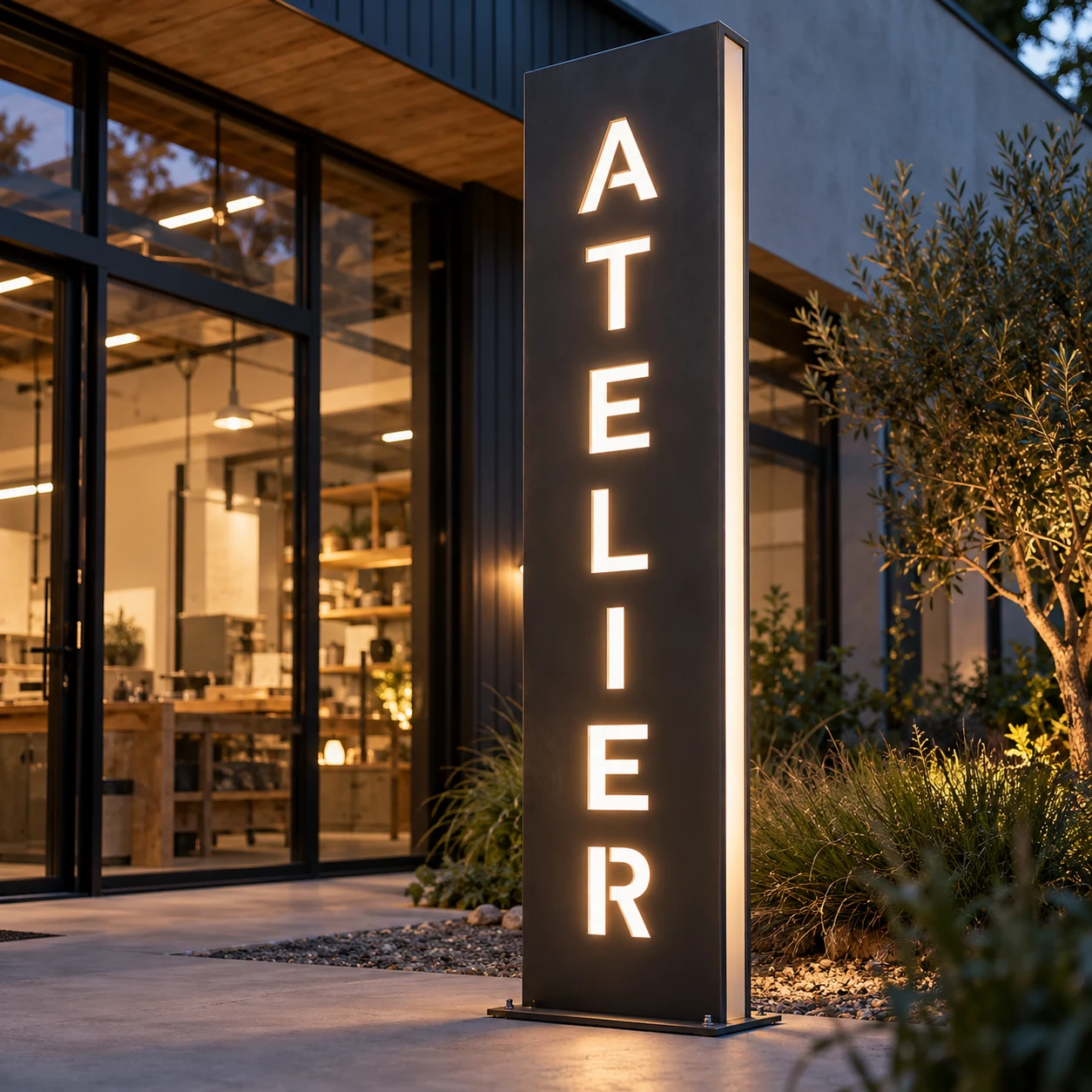 Totem droit lumineux à texte ajouré à plat